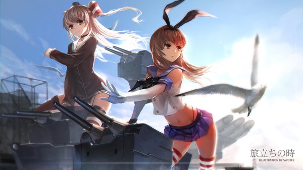 Anime picture 1512x850 with kantai collection shimakaze destroyer rensouhou-chan amatsukaze destroyer swd3e2 long hair looking at viewer light erotic blonde hair smile wide image multiple girls brown eyes looking away sky silver hair outdoors pleated skirt sunlight two side up