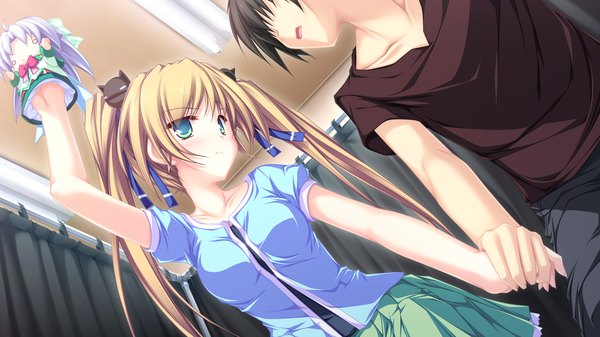 Anime picture 1920x1080 with maikaze no melt hisagihara ui tenmaso long hair highres short hair black hair blonde hair wide image twintails green eyes game cg girl boy