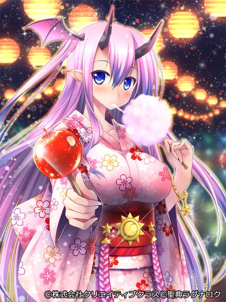 Anime picture 600x800 with seiten ragnarok pochadon single tall image looking at viewer blush blue eyes light erotic purple hair very long hair traditional clothes japanese clothes horn (horns) pointy ears head wings girl wings food kimono obi