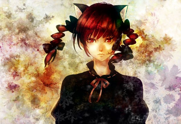 Anime picture 1724x1181 with touhou kaenbyou rin tota (artist) single highres red eyes twintails animal ears red hair braid (braids) cat girl twin braids extra ears girl