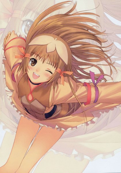 Anime picture 1050x1500 with zoids re mii tony taka long hair tall image blush open mouth brown hair brown eyes one eye closed wink spread arms zoom layer girl underwear panties ribbon (ribbons) hair ribbon