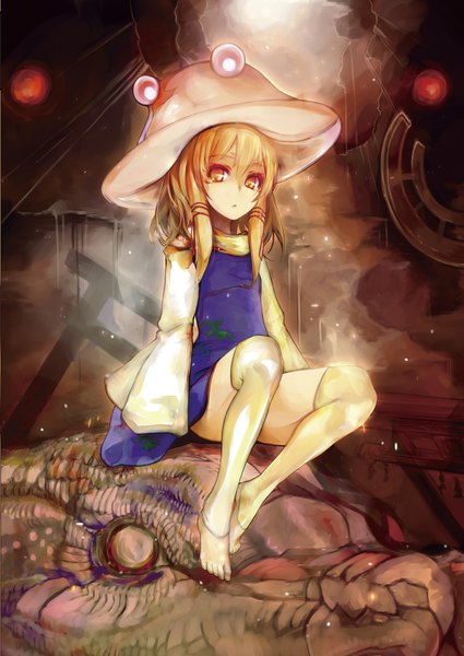 Anime picture 1453x2049 with touhou moriya suwako virus (obsession) tall image blonde hair barefoot orange eyes miko girl hat detached sleeves snake