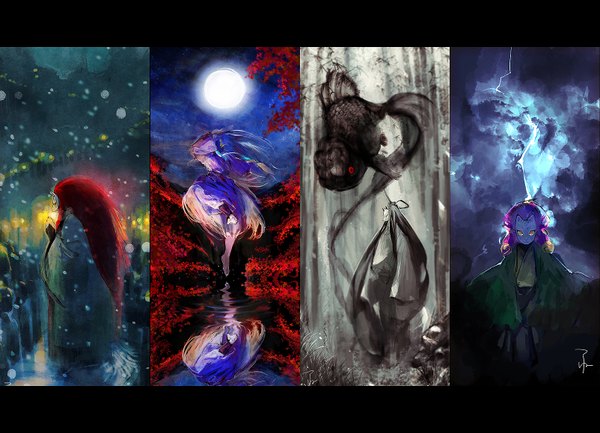 Anime picture 1604x1160 with original skey long hair looking at viewer traditional clothes japanese clothes multiview column lineup animal water kimono moon mask full moon fish (fishes) drink fox mask