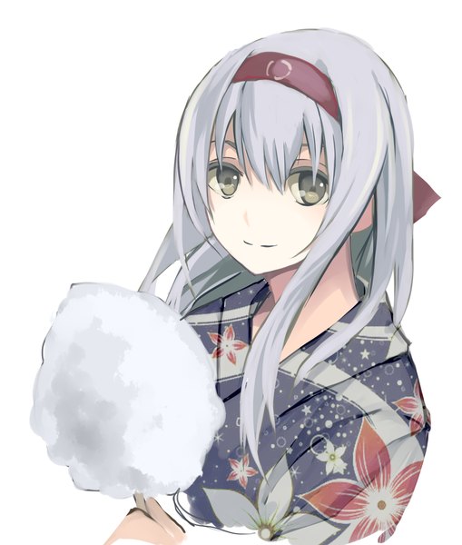 Anime picture 1799x2117 with kantai collection shoukaku aircraft carrier natsuyuki single long hair tall image fringe highres simple background smile white background brown eyes looking away traditional clothes japanese clothes from above grey hair alternate costume floral print girl