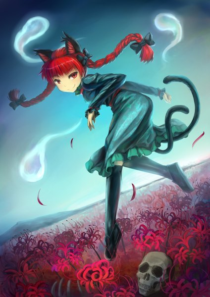 Anime picture 2480x3508 with touhou kaenbyou rin poly single long hair tall image highres smile red eyes animal ears red hair braid (braids) cat ears cat girl cat tail extra ears ghost girl flower (flowers) bow