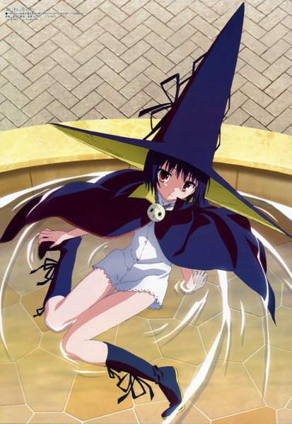 Anime picture 4081x5930 with majimoji rurumo megami magazine rurumo maji mojiruka hasegawa shinya single tall image looking at viewer highres short hair black hair red eyes absurdres official art witch girl dress hat water boots witch hat