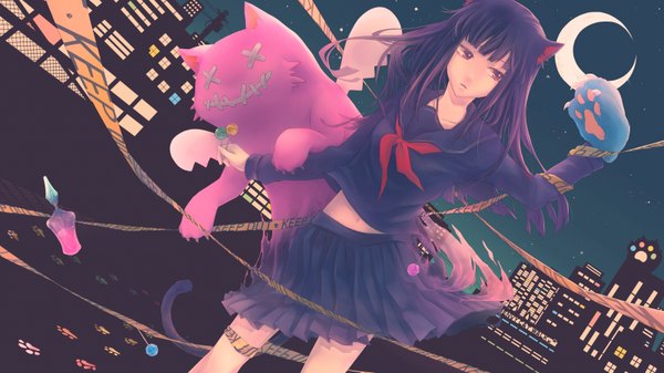 Anime picture 3200x1800 with original dlei single long hair fringe highres red eyes wide image standing looking away sky purple hair wind night midriff dutch angle night sky city crescent kemonomimi mode