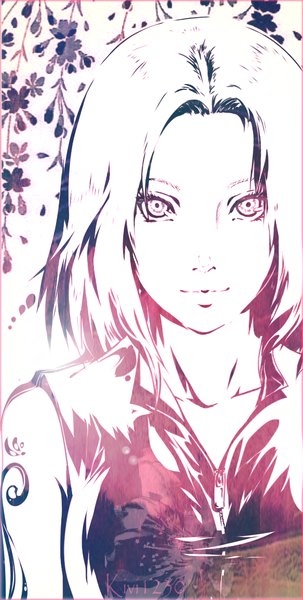 Anime picture 584x1156 with naruto studio pierrot naruto (series) haruno sakura kivi1230 single tall image looking at viewer short hair breasts large breasts bare shoulders signed upper body light smile lips tattoo sleeveless cherry blossoms monochrome