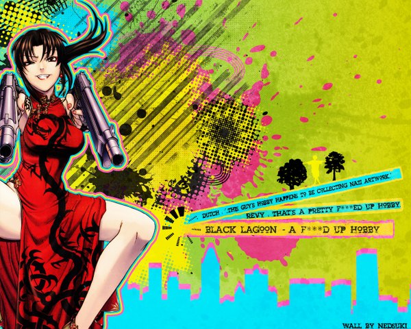 Anime picture 1280x1024 with black lagoon madhouse revy (black lagoon) chinese clothes gun chinese dress