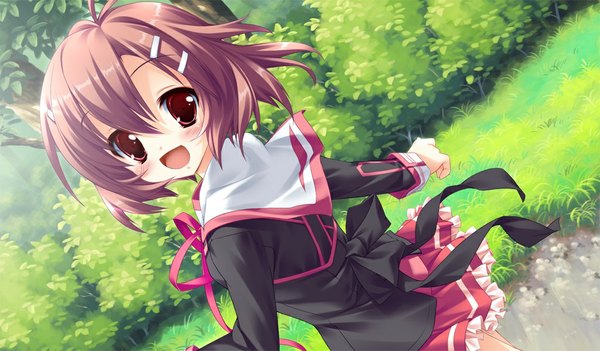 Anime picture 1024x600 with koiiro soramoyou (game) hattori aya lucie short hair open mouth red eyes brown hair wide image game cg girl serafuku