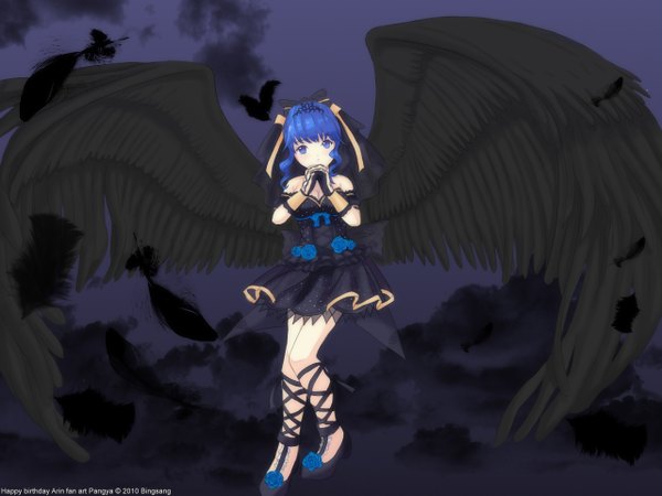Anime picture 1280x960 with pangya arin bingsang (artist) single blue eyes blue hair gothic girl dress gloves ribbon (ribbons) wings feather (feathers) veil
