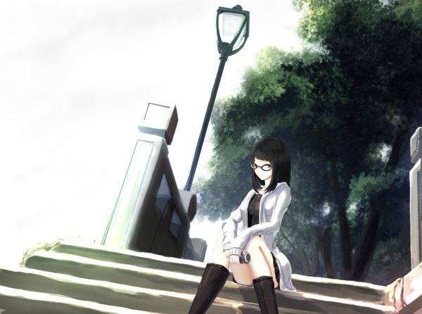 Anime picture 1524x1135 with original kikivi single long hair looking at viewer black hair sitting black eyes girl plant (plants) tree (trees) glasses jacket boots stairs