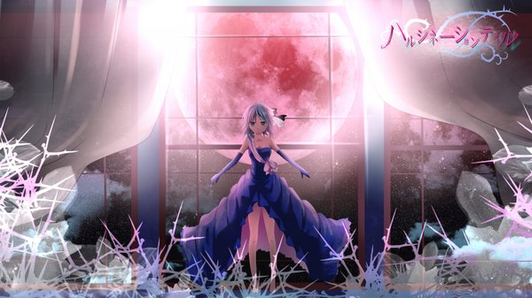 Anime picture 1500x844 with vocaloid gumi mariwai (marireroy) single looking at viewer short hair blue eyes wide image bare shoulders silver hair red moon girl dress gloves elbow gloves