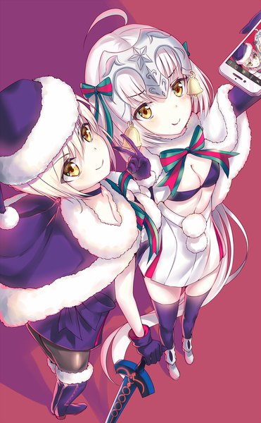 Anime picture 1200x1941 with fate (series) fate/grand order artoria pendragon (all) jeanne d'arc (fate) (all) jeanne d'arc alter santa lily (fate) santa alter pdxen long hair tall image blush short hair light erotic simple background blonde hair smile standing multiple girls holding yellow eyes ahoge