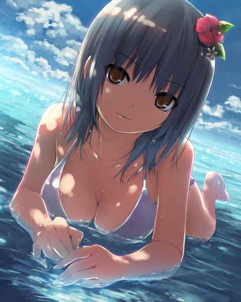 Anime picture 1024x1280 with coffee-kizoku single tall image looking at viewer highres short hair breasts light erotic black hair red eyes brown eyes hair flower grey hair scan girl hair ornament swimsuit bikini water