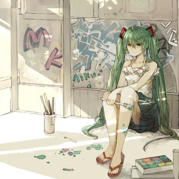 Anime picture 1280x1280 with vocaloid hatsune miku xiaohan single long hair blush smile sitting twintails bare shoulders green eyes barefoot green hair girl skirt sandals paintbrush paint art brush