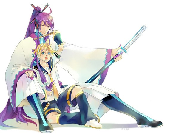 Anime picture 1024x768 with vocaloid kagamine len kamui gakupo usarika long hair short hair open mouth blue eyes simple background blonde hair white background sitting purple eyes purple hair ponytail very long hair nail polish japanese clothes boy weapon