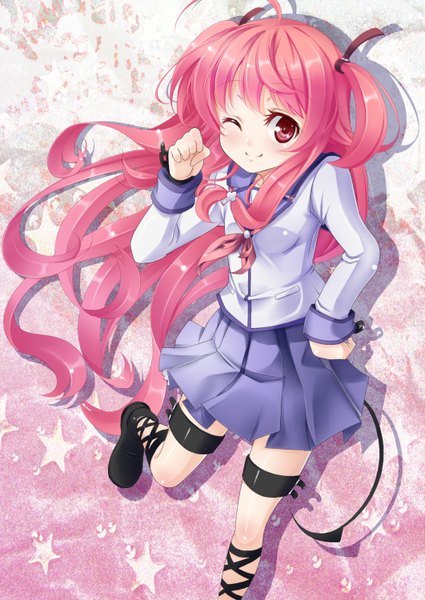 Anime picture 1062x1500 with angel beats! key (studio) yui (angel beats!) kisaichi jin single long hair tall image smile red eyes pink hair one eye closed wink two side up hand on hip girl uniform school uniform