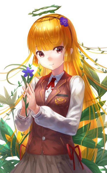 Anime picture 711x1150 with original kfr single long hair tall image blonde hair smile red eyes white background girl uniform hair ornament flower (flowers) plant (plants) school uniform hairband halo grass