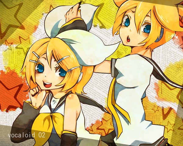 Anime picture 1280x1024 with vocaloid kagamine rin kagamine len looking at viewer fringe short hair open mouth blue eyes blonde hair hair between eyes upper body inscription short sleeves girl boy bow hair bow detached sleeves necktie hairclip