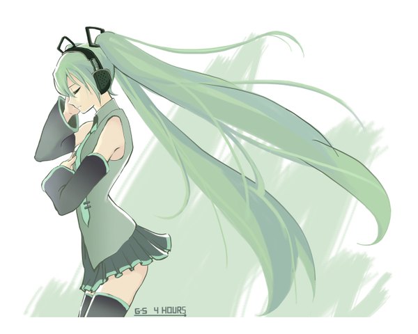 Anime picture 1395x1118 with vocaloid hatsune miku as109 single long hair fringe simple background hair between eyes twintails eyes closed profile pleated skirt aqua hair floating hair hand on headphones girl thighhighs skirt black thighhighs detached sleeves