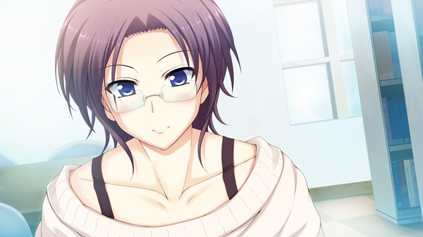 Anime picture 1280x720 with atled everlasting song short hair blue eyes black hair wide image game cg girl glasses sweater
