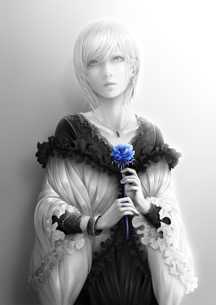 Anime picture 2118x3000 with original bouno satoshi single tall image looking at viewer highres short hair white hair lips realistic monochrome spot color girl dress flower (flowers) earrings frills bracelet pendant