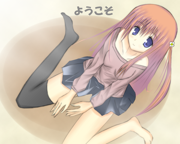 Anime picture 1280x1024 with single blue eyes brown hair red hair girl thighhighs skirt single thighhigh