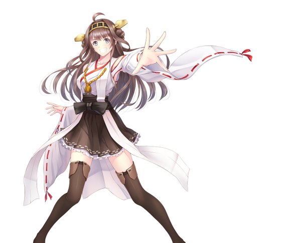 Anime picture 3085x2497 with kantai collection kongou battleship ltt challenger single long hair looking at viewer highres blue eyes simple background smile brown hair white background absurdres ahoge nontraditional miko girl thighhighs skirt hair ornament black thighhighs