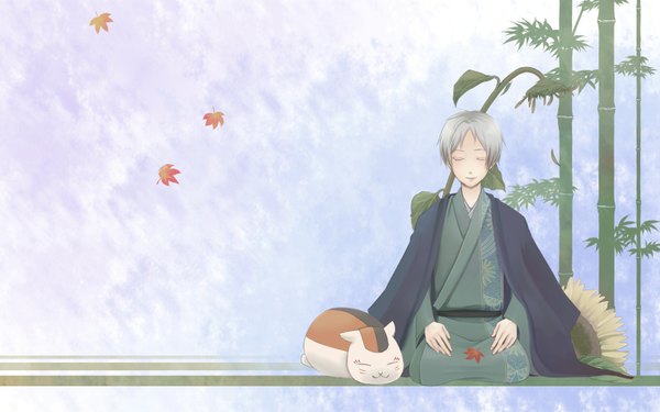 Anime picture 1680x1050 with natsume yuujinchou brains base (studio) natsume takashi madara (nyanko-sensei) short hair wide image sitting eyes closed japanese clothes grey hair wallpaper boy plant (plants) animal kimono leaf (leaves) cat bamboo