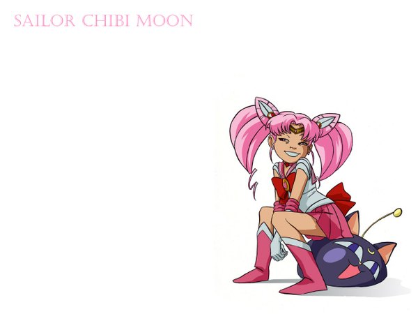 Anime picture 1280x960 with bishoujo senshi sailor moon toei animation chibiusa sailor chibi moon luna p laurenmontgomery single simple background white background twintails pink hair happy girl cat sailor suit