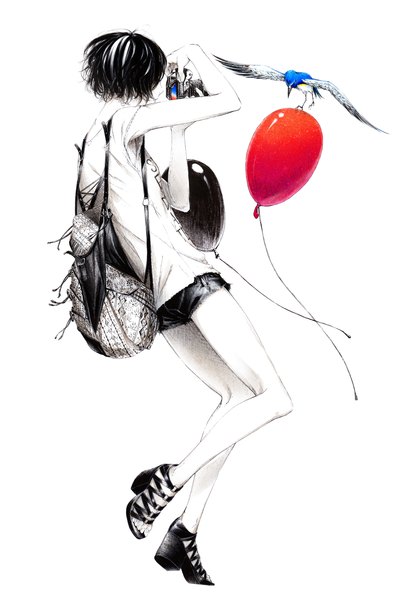 Anime picture 1300x1863 with original sousou (sousouworks) single tall image short hair black hair bare shoulders full body casual girl animal shorts bird (birds) backpack camera balloon