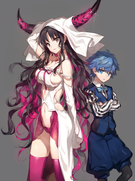 Anime picture 749x1000 with fate (series) fate/extra fate/extra ccc sesshouin kiara hans christian andersen (fate) chocoan tall image fringe short hair breasts blue eyes light erotic black hair simple background large breasts standing blue hair pink hair purple hair bent knee (knees)