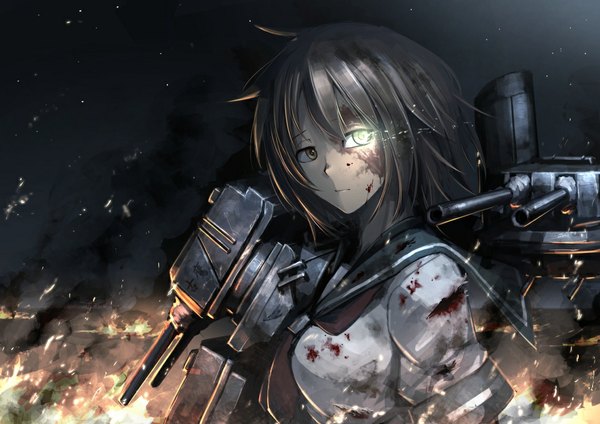 Anime picture 1140x806 with kantai collection furutaka heavy cruiser hetza (hellshock) single short hair brown hair brown eyes yellow eyes looking away night heterochromia glowing smoke glowing eye (eyes) girl weapon gun blood fire sailor suit