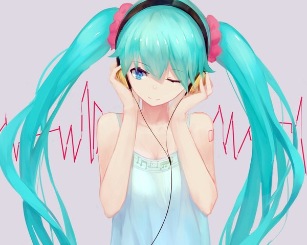 Anime picture 2048x1632 with vocaloid hatsune miku kisei2 single looking at viewer highres blue eyes simple background smile twintails bare shoulders one eye closed wink aqua hair tattoo hand on headphones girl headphones scrunchie hair tie