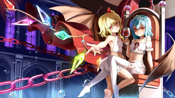 Anime picture 1288x724 with touhou flandre scarlet remilia scarlet emerane looking at viewer short hair blue eyes blonde hair red eyes wide image sitting multiple girls blue hair girl thighhighs 2 girls white thighhighs wings chain bubble (bubbles)
