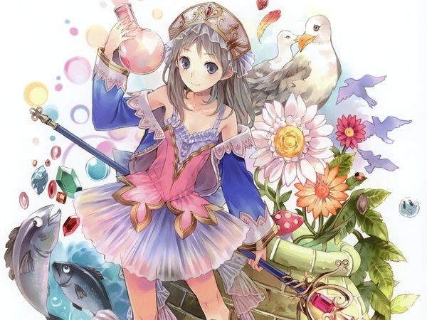 Anime picture 2048x1536 with atelier (series) gust (company) atelier rorona and totori (artbook) totooria helmold kishida mel long hair blush highres blonde hair smile grey eyes girl dress flower (flowers) animal bird (birds) fish (fishes) staff crystal seagull
