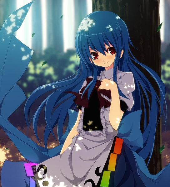 Anime picture 1500x1654 with touhou hinanawi tenshi gintarou (kurousagi108) single long hair tall image red eyes blue hair no hat girl bow plant (plants) tree (trees) apron