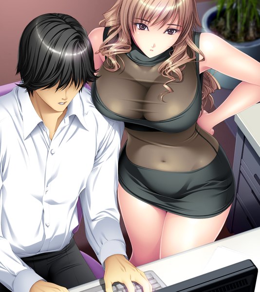 Anime picture 1024x1150 with jokei kazoku karasawa shie hashizume tomoki ichikawa saasha long hair tall image short hair breasts light erotic black hair brown hair large breasts brown eyes game cg midriff wavy hair girl boy