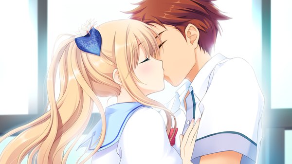 Anime picture 1280x720 with astraythem ginta long hair blonde hair brown hair wide image game cg ponytail eyes closed kiss girl boy uniform school uniform
