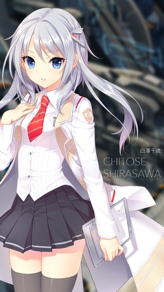 Anime picture 1080x1920 with mirai millenium shirasawa chitose shirahane nao single long hair tall image looking at viewer blue eyes silver hair pleated skirt character names girl thighhighs skirt uniform hair ornament school uniform miniskirt shirt necktie