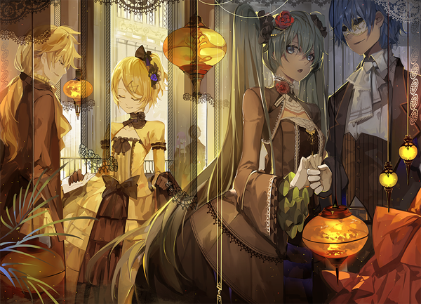 Anime picture 1000x723 with vocaloid cantarella (vocaloid) story of evil (vocaloid) hatsune miku kagamine rin kagamine len kaito (vocaloid) saberiii long hair looking at viewer fringe short hair open mouth blue eyes blonde hair smile hair between eyes standing twintails multiple girls
