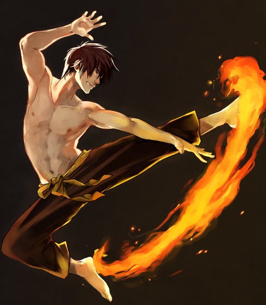 Anime picture 2286x2623 with avatar: the last airbender nickelodeon zuko picolo-kun single tall image highres short hair simple background brown hair yellow eyes full body bent knee (knees) profile barefoot arm up bare belly magic looking down topless