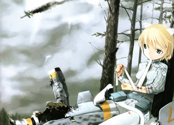 Anime picture 4757x3425 with strike witches brave witches nikka edvardine katajainen shimada fumikane fringe highres short hair blue eyes blonde hair hair between eyes sitting animal ears looking away absurdres cloud (clouds) scan official art fur trim pale skin bare tree