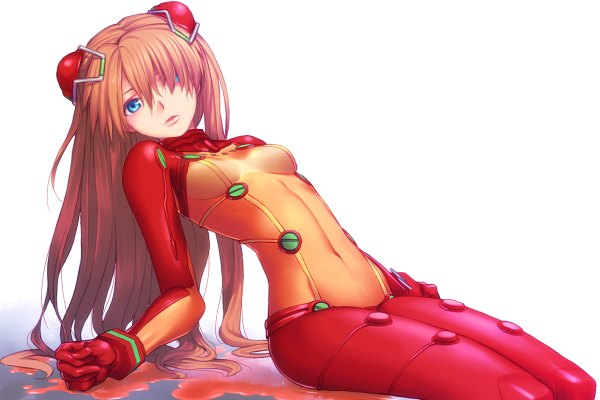 Anime picture 1200x800 with neon genesis evangelion rebuild of evangelion evangelion: 2.0 you can (not) advance gainax soryu asuka langley sakamoto mineji single long hair fringe breasts blue eyes simple background white background lips hair over one eye orange hair covered navel girl gloves navel