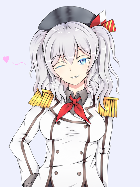 Anime picture 1200x1600 with kantai collection kashima training cruiser bandwidth single long hair tall image looking at viewer fringe breasts blue eyes simple background smile hair between eyes large breasts white background twintails silver hair upper body parted lips head tilt