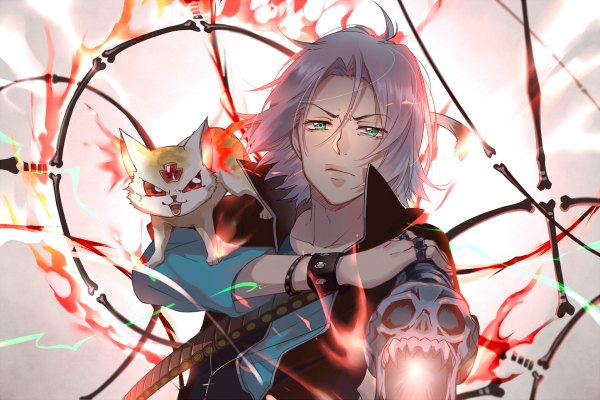 Anime picture 1200x800 with katekyou hitman reborn gokudera hayato uri (reborn) ekita xuan single looking at viewer short hair green eyes silver hair upper body outstretched arm fighting stance serious bone (bones) vongola family boy weapon animal cat ring