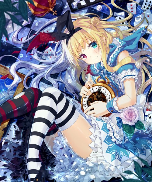 Anime picture 833x1000 with original yano mitsuki tall image blush blue eyes blonde hair heterochromia girl thighhighs dress flower (flowers) bow hair bow frills striped thighhighs clock card (cards) pocket watch chess