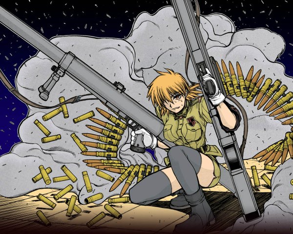 Anime picture 1280x1024 with hellsing seras victoria single fringe blonde hair brown eyes hair over one eye sweat smoke manga girl thighhighs uniform weapon miniskirt gun military uniform huge weapon cartridge shell casing