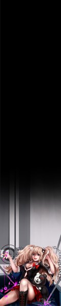 Anime picture 1500x7500 with dangan ronpa enoshima junko monokuma tcb (pixiv) single long hair tall image looking at viewer breasts open mouth twintails pink hair nail polish aqua eyes wavy hair crazy underwear bow ribbon (ribbons) boots